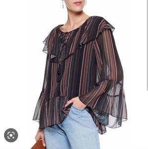 Rebecca Minkoff Patti Striped Ruffle Bell Sleeve Tassel‎ Blouse Size S